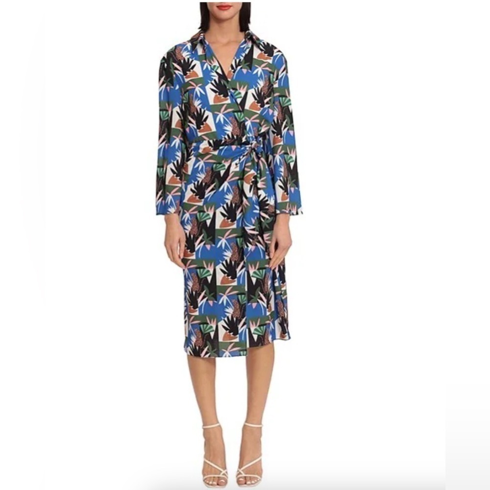 Donna Morgan Long Sleeve Collared Wrap Colorful Midi‎ Dress In White/Jungle Blue